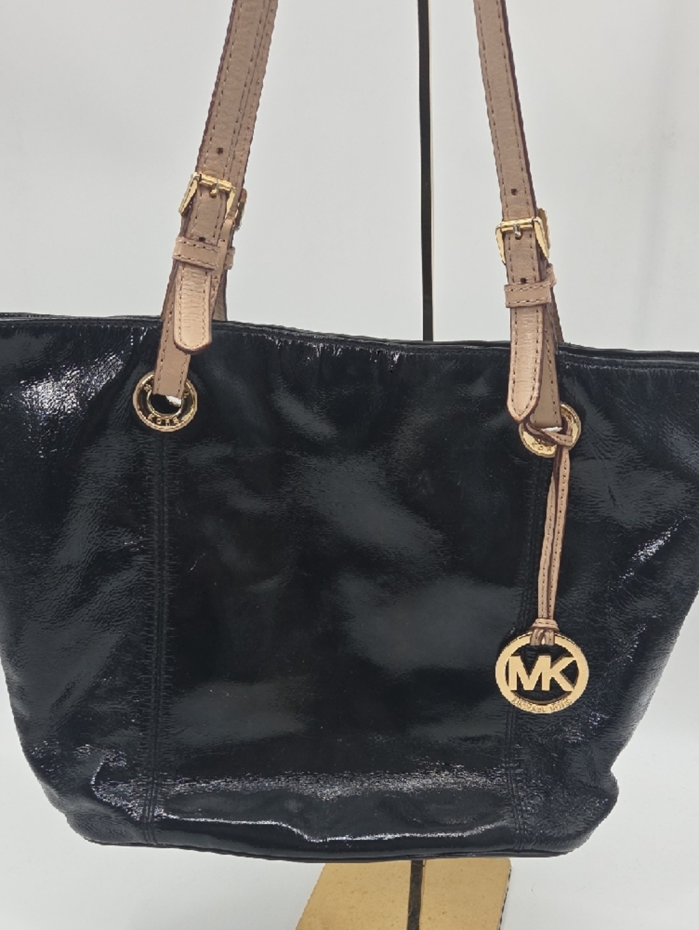 Michael Kors Black Patent Tote with Tan Straps and Gold MK Charm - Picture 2 of 16